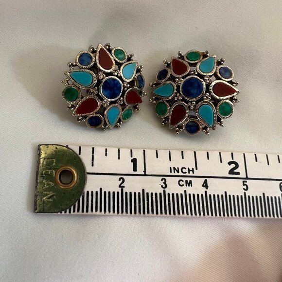 Signed Art Vintage Rainbow Enamel Gold Tone Starburst Estate Clip On Earrings - Picture 3 of 10